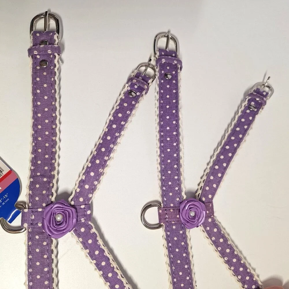 X-Small Purple Polka Dot Dog Harness Top Paw Flower Accents 2 Lot Lavender Pearl